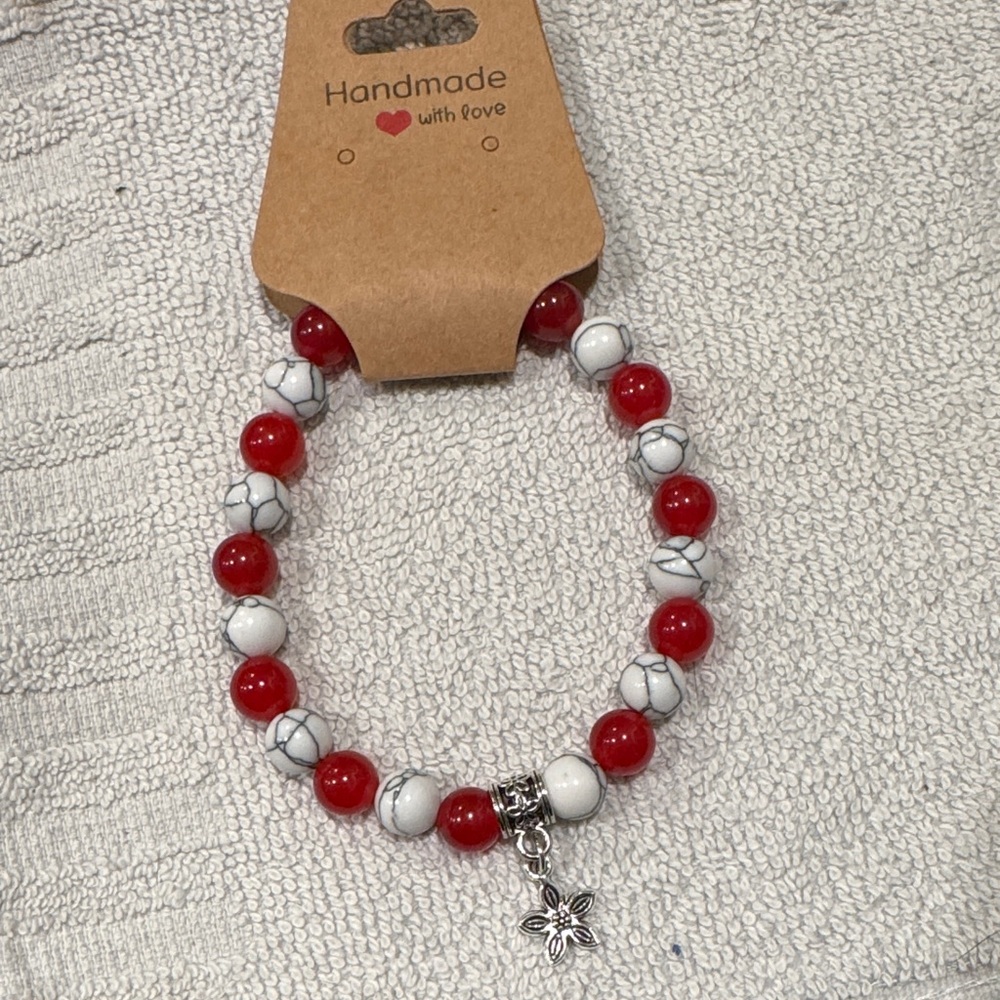 Handmade Carnelian and Howlite Beaded Bracelet with Flower Charm